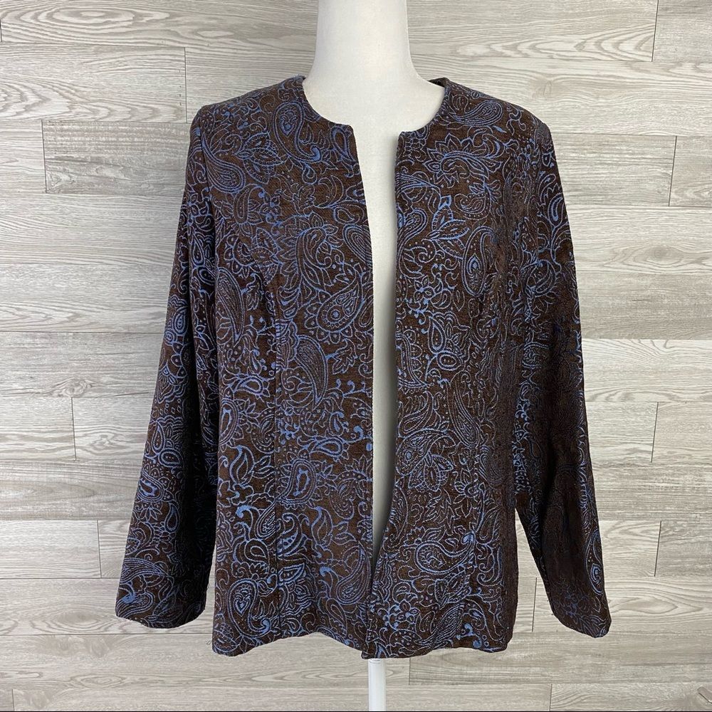 Russel Keng Brown Blue Paisley Open Blazer Jacket